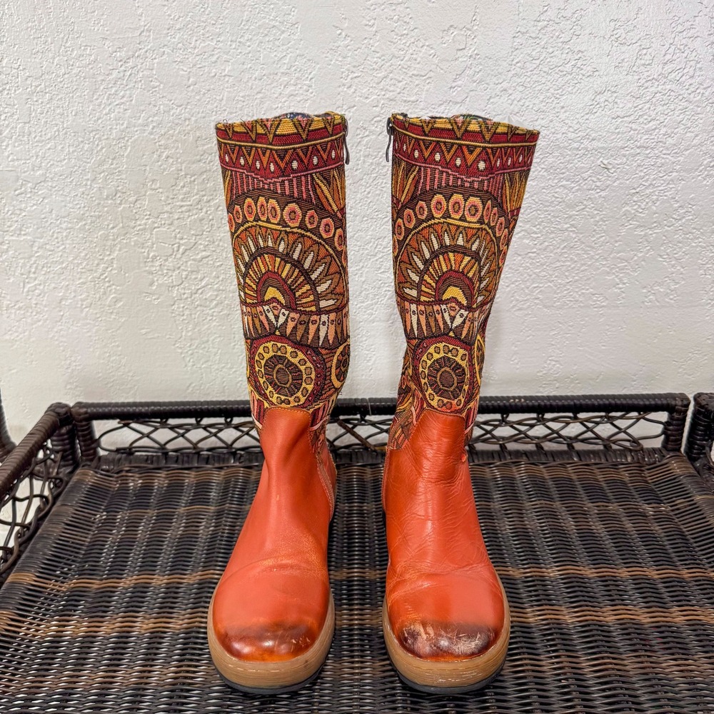 Socofy Women's Boho Patchwork Embroidered Leather Boots Orange